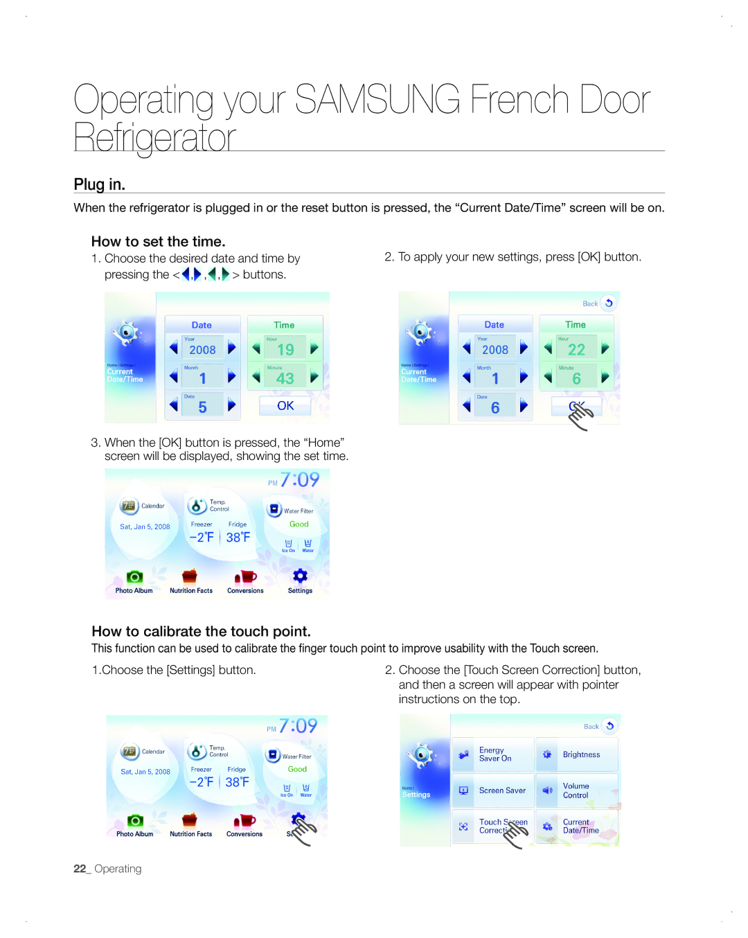 Samsung RFG299AA user manual Plug, How to set the time, How to calibrate the touch point 