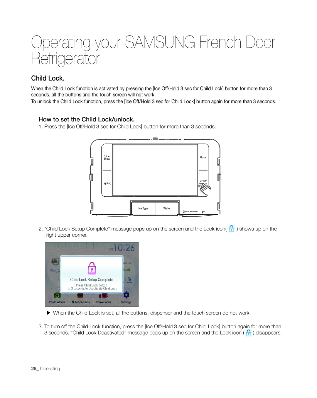 Samsung RFG299AA user manual How to set the Child Lock/unlock 