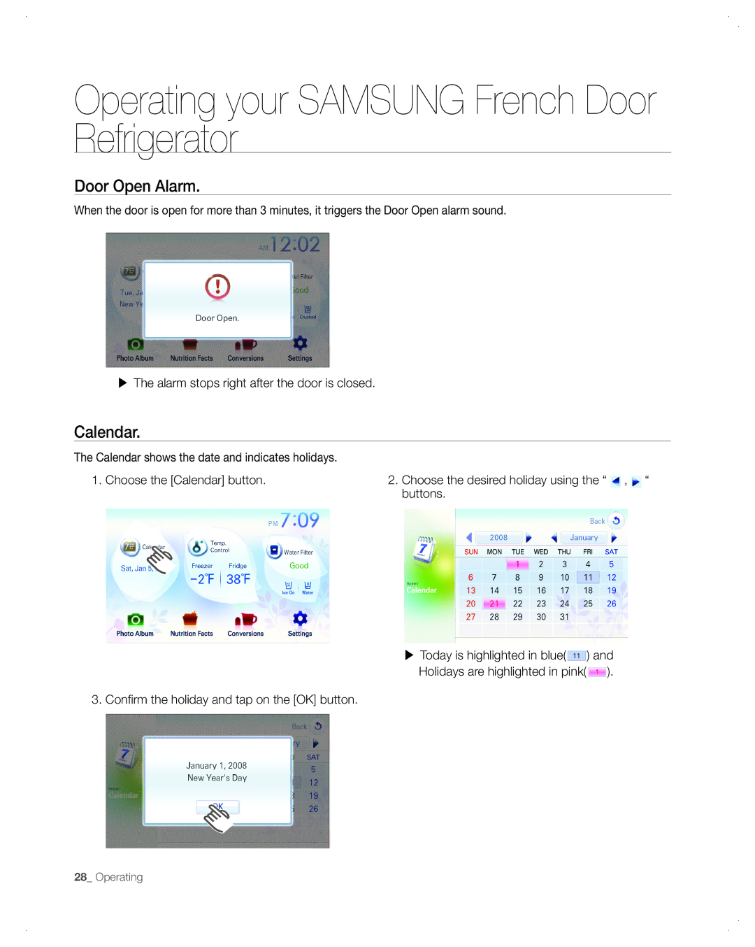 Samsung RFG299AA user manual Door Open Alarm, Calendar, Confirm the holiday and tap on the OK button 