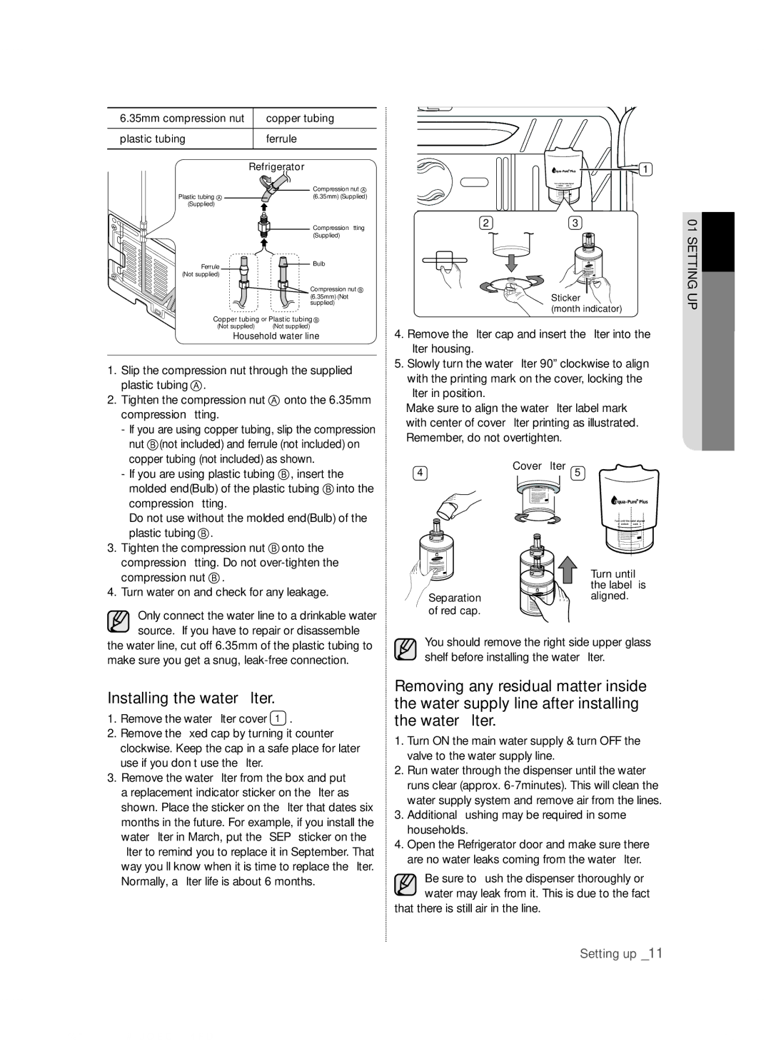 Samsung RFG29DEPN1/SML manual Installing the water ﬁlter, Additional ﬂ ushing may be required in some households 