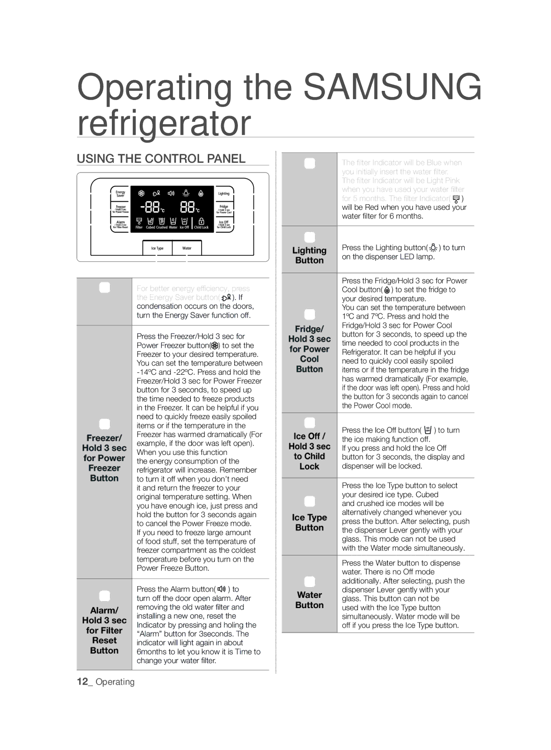 Samsung RFG29DEPN1/SML manual Operating the Samsung refrigerator, Using the Control Panel 