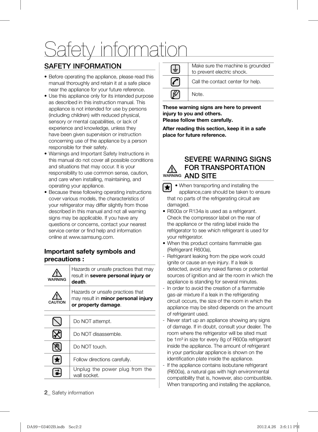 Samsung RFG29DEPN1/SML Safety information, Safety Information, Severe Warning Signs for Transportation, Or property damage 