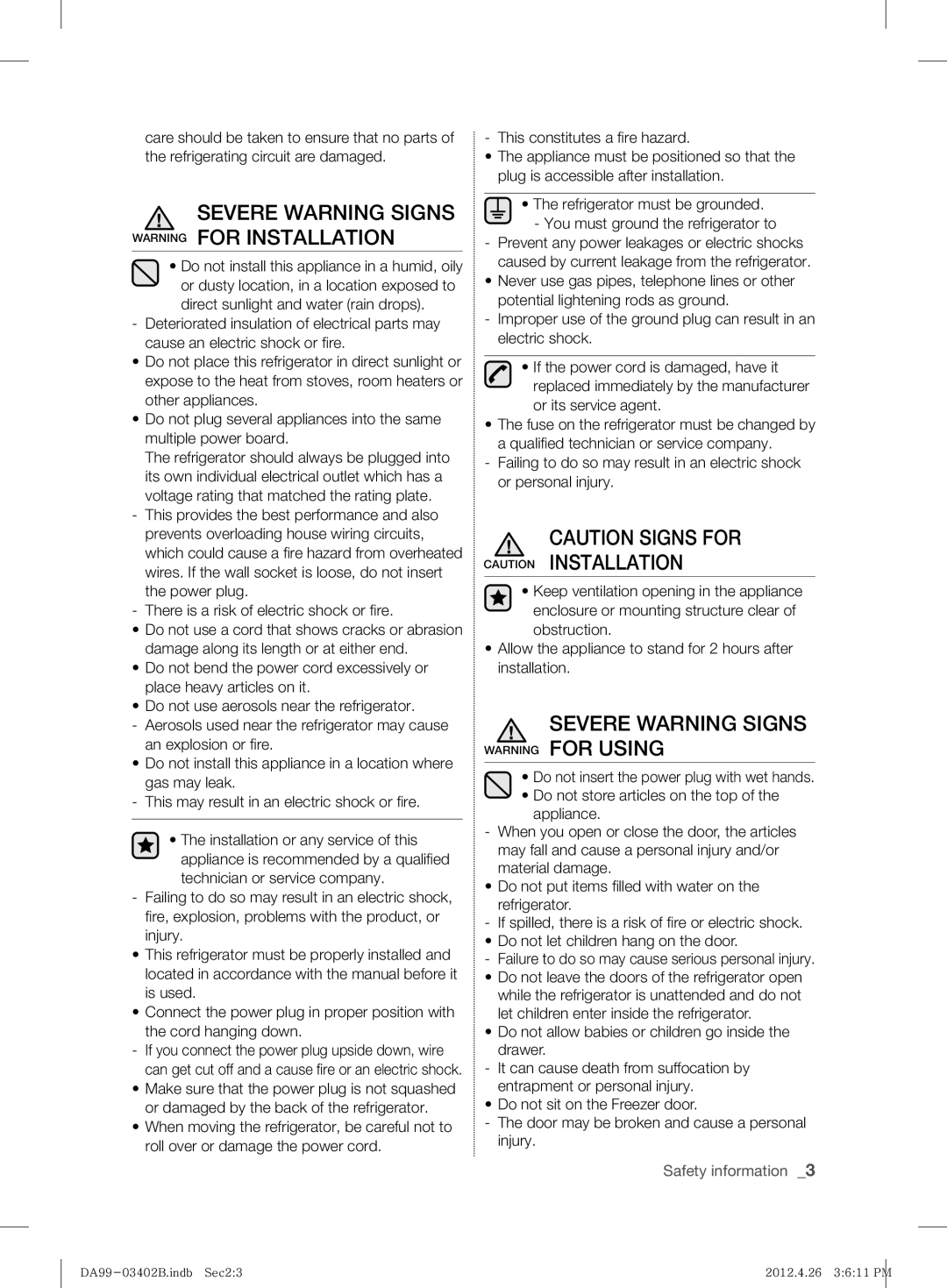 Samsung RFG29DEPN1/SML manual Severe Warning Signs Warning for Installation, Severe Warning Signs Warning for Using 