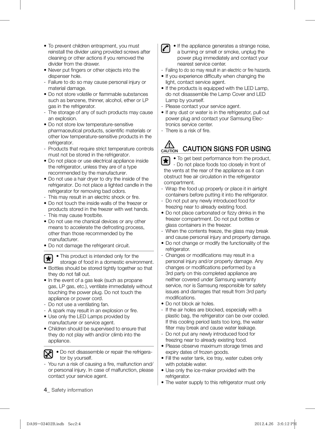 Samsung RFG29DEPN1/SML manual Lter may break and cause water leakage 