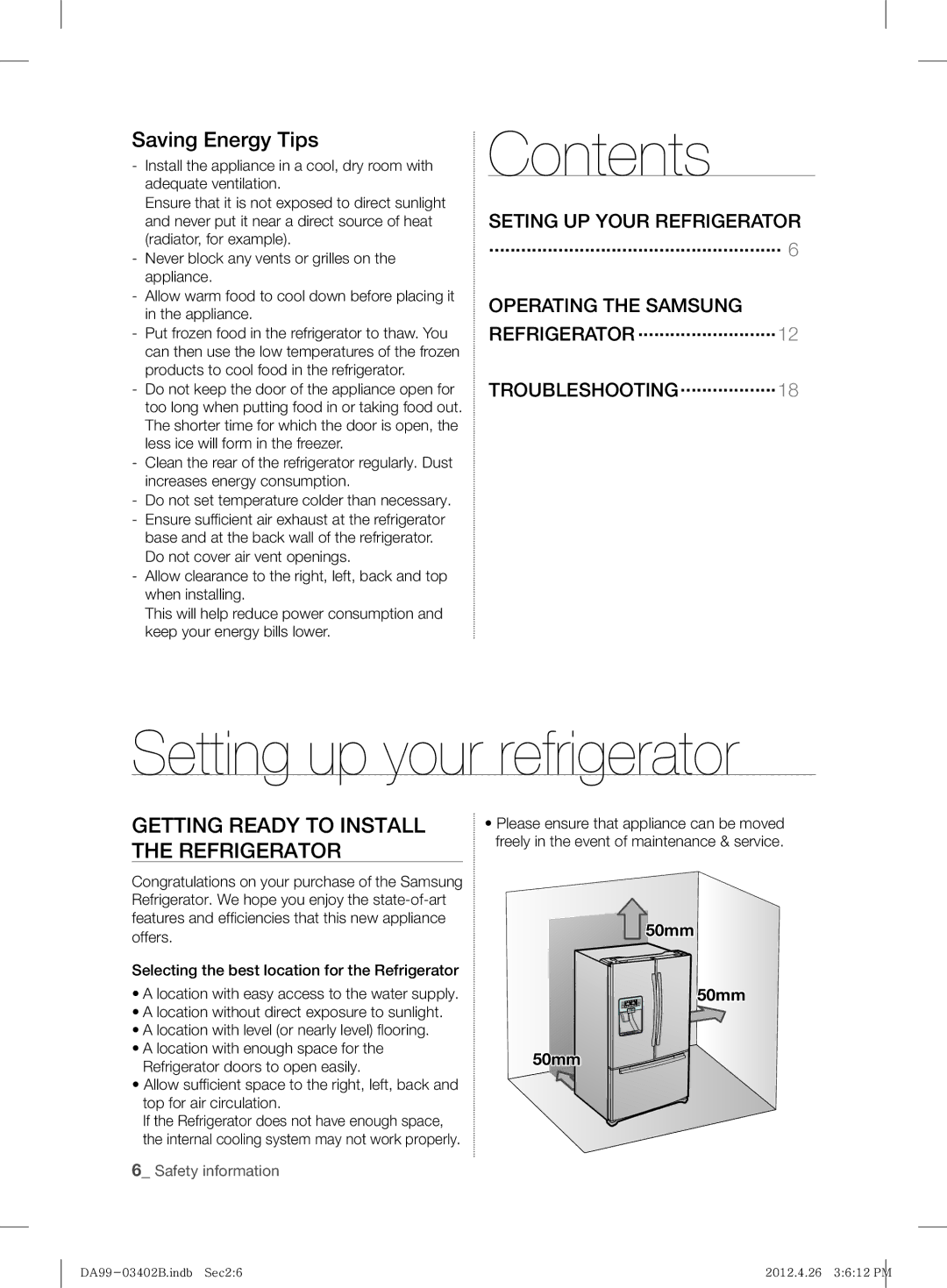 Samsung RFG29DEPN1/SML manual Contents, Setting up your refrigerator 