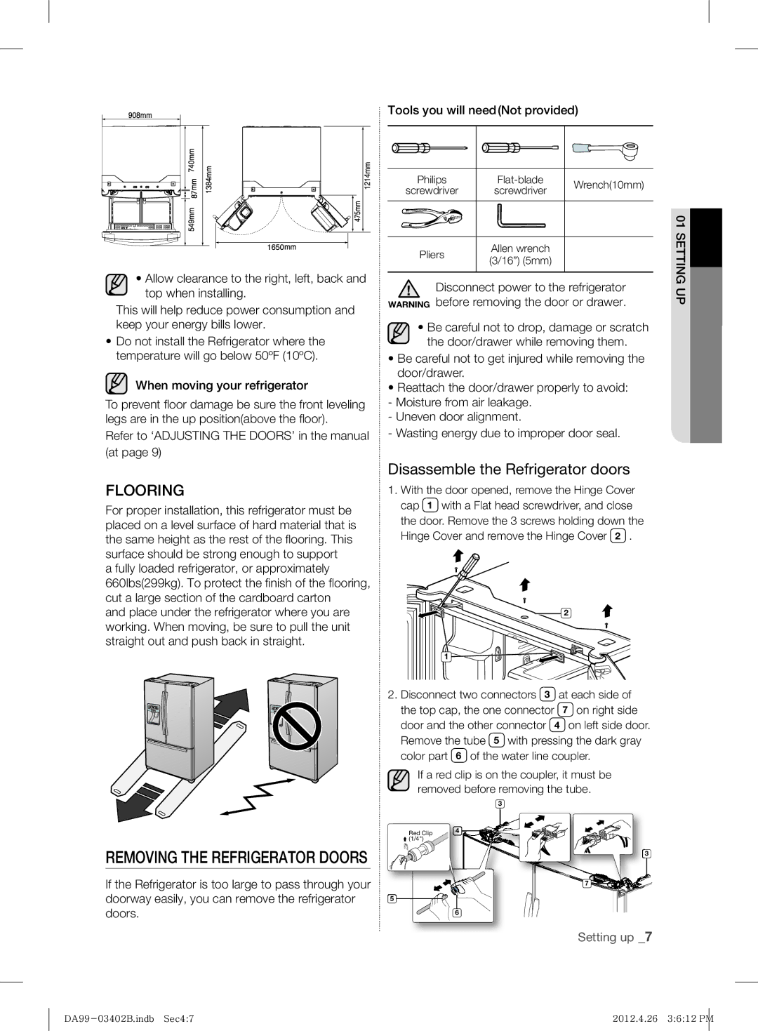 Samsung RFG29DEPN1/SML Disassemble the Refrigerator doors, When moving your refrigerator, Tools you will needNot provided 