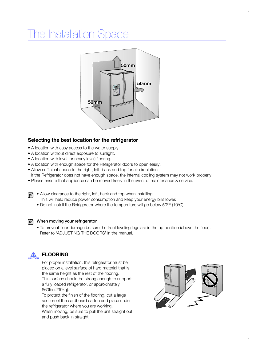 Samsung RFG29DEPN1/SML manual Installation Space, Selecting the best location for the refrigerator 