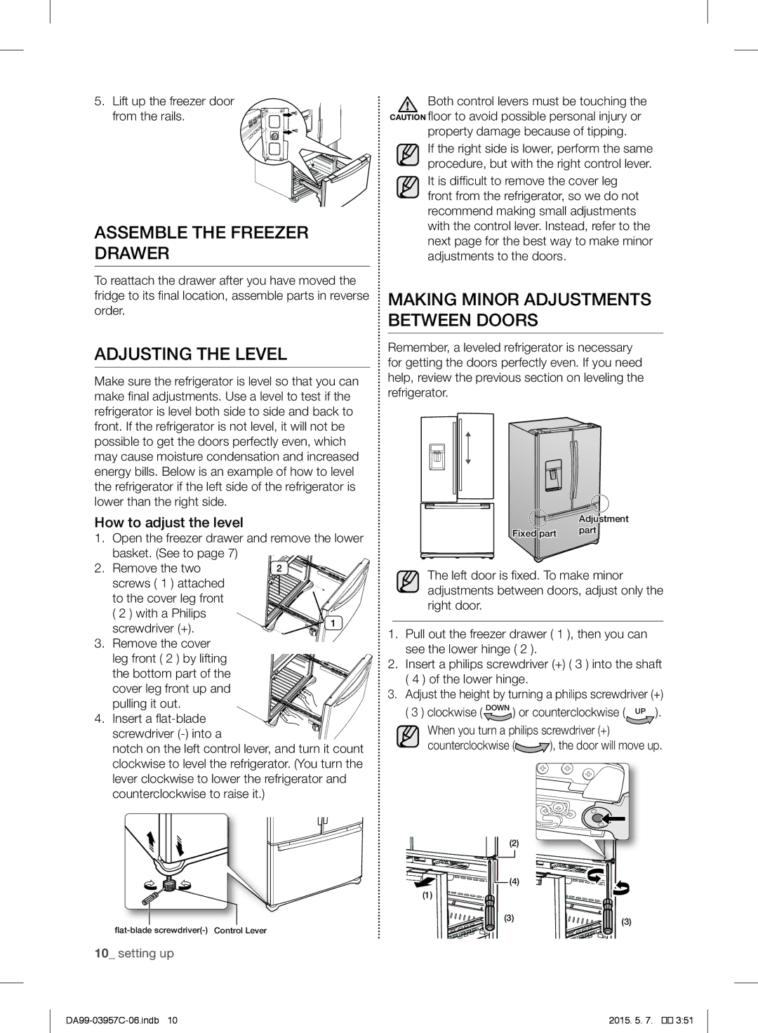 Samsung RFG29PEPN1/SML manual Assemble the Freezer Drawer, Adjusting the Level, Making Minor Adjustments Between Doors 