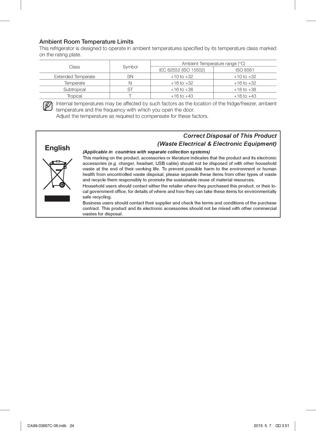 Samsung RFG29PEPN1/SML manual English, Ambient Room Temperature Limits 