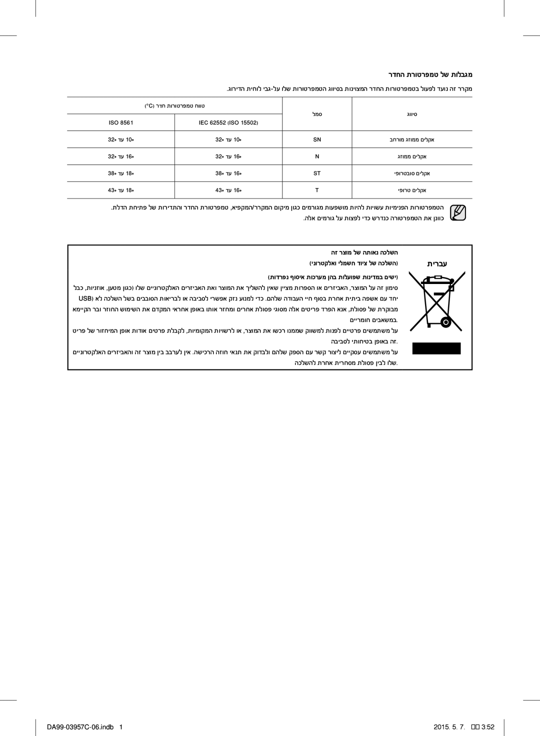 Samsung RFG29PEPN1/SML manual תירבע, רדחה תרוטרפמט לש תולבגמ, הז רצומ לש התואנ הכלשה, ינורטקלאו ילמשח דויצ לש הכלשה 