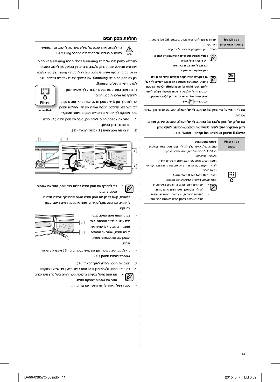 Samsung RFG29PEPN1/SML manual םימה ןנסמ תפלחה, ןועשה ןוויכ דגנ בוביס 