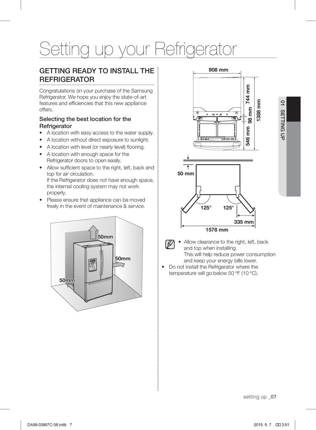 Samsung RFG29PEPN1/SML manual Setting up your Refrigerator, Getting Ready to Install the Refrigerator 