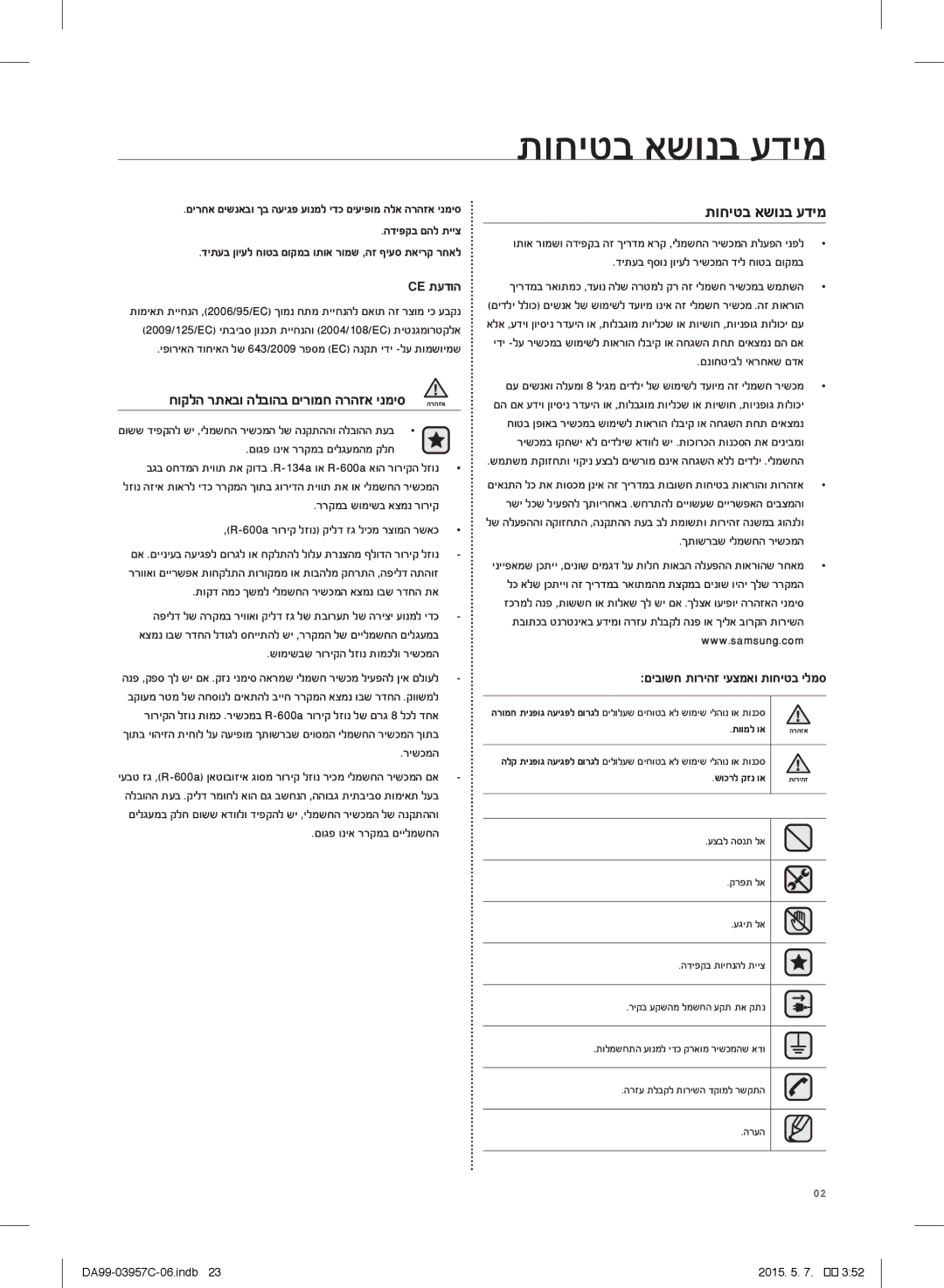 Samsung RFG29PEPN1/SML manual תוחיטב אשונב עדימ, Ce תעדוה, םיבושח תוריהז יעצמאו תוחיטב ילמס 