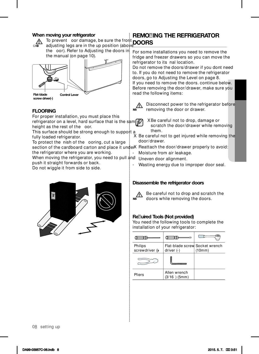 Samsung RFG29PEPN1/SML Removing the Refrigerator Doors, When moving your refrigerator, Disassemble the refrigerator doors 