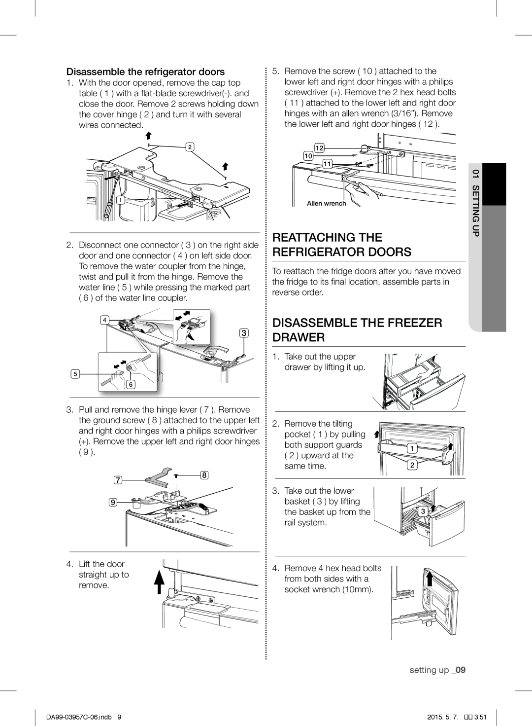 Samsung RFG29PEPN1/SML manual Reattaching Refrigerator Doors, Disassemble the Freezer Drawer, Water line coupler 