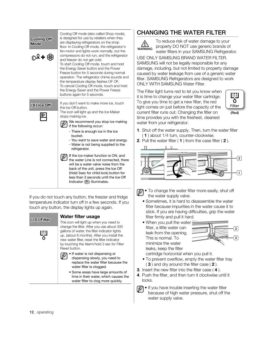 Samsung RFG29THD, RFG29PHD, RFG298HD, RFG297HD, RFG296HD user manual Changing the Water Filter, Water ﬁlter usage 