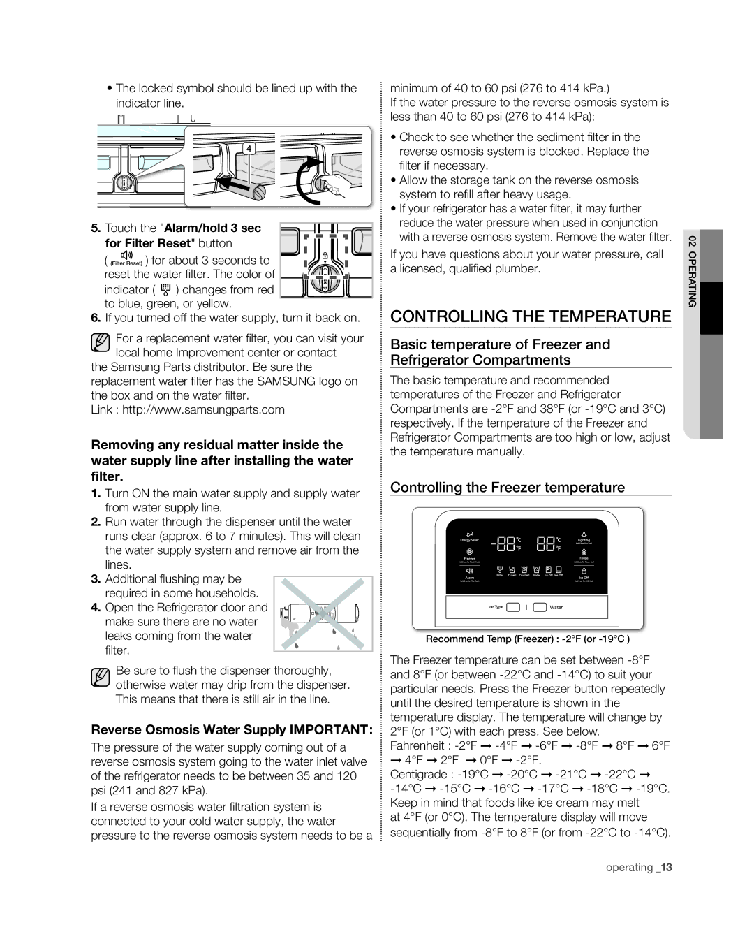 Samsung RFG297HD, RFG29PHD, RFG298HD Controlling the Temperature, Basic temperature of Freezer Refrigerator Compartments 