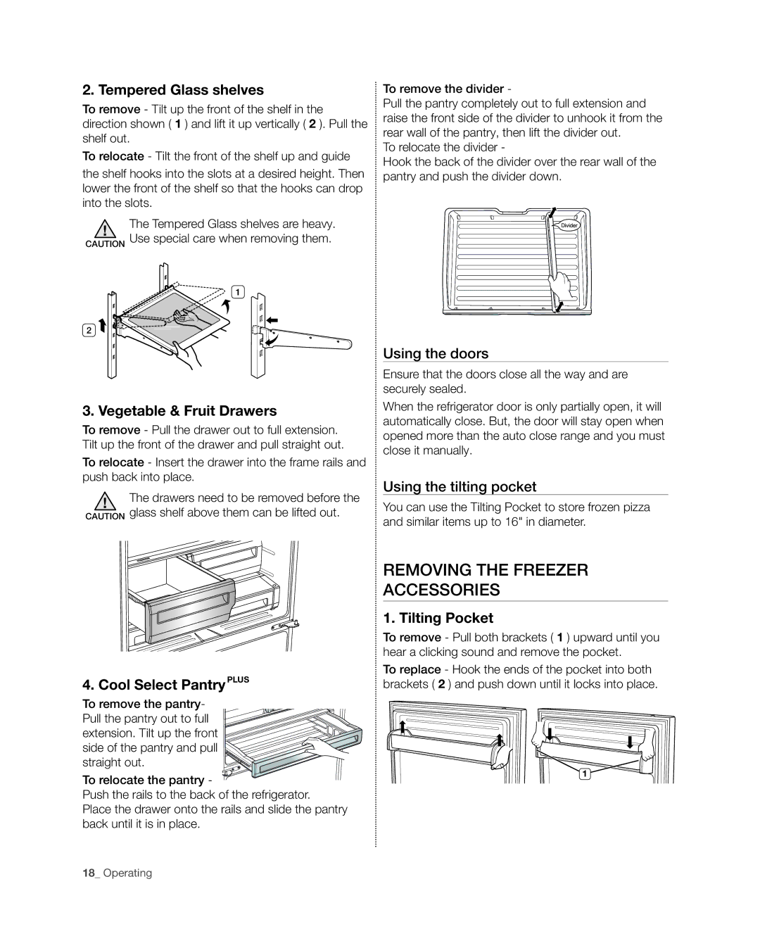 Samsung RFG297HD Removing the Freezer Accessories, Tempered Glass shelves, Vegetable & Fruit Drawers, Tilting Pocket 