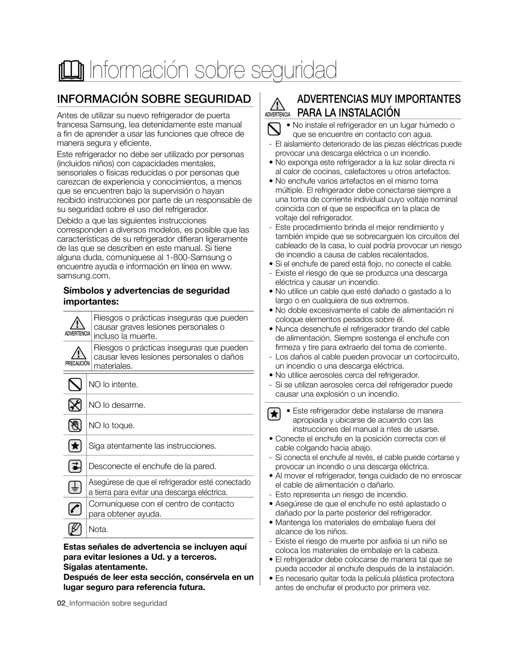 Samsung RFG297HD, RFG29PHD, RFG298HD, RFG29THD, RFG296HD user manual Información sobre seguridad, Información Sobre Seguridad 