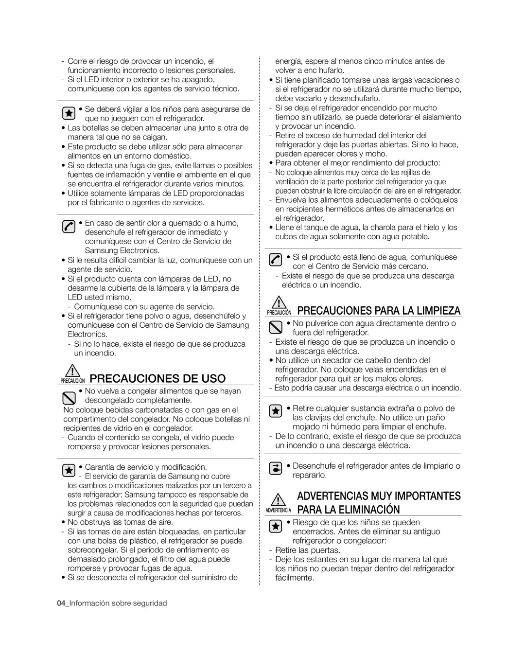 Samsung RFG29PHD Precaución Precauciones DE USO, Precaución Precauciones Para LA Limpieza, No obstruya las tomas de aire 