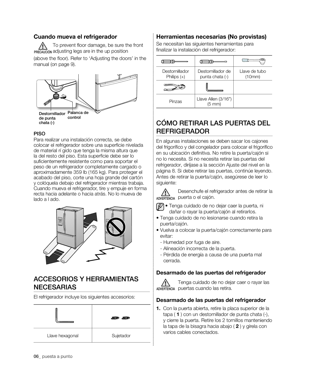 Samsung RFG29THD, RFG29PHD, RFG298HD Accesorios Y Herramientas Necesarias, Cómo Retirar LAS Puertas DEL Refrigerador 