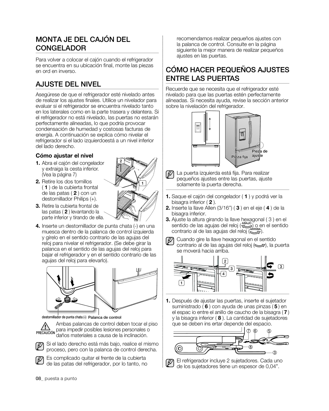 Samsung RFG296HD Monta JE DEL Cajón DEL Congelador, Ajuste DEL Nivel, Cómo Hacer Pequeños Ajustes Entre LAS Puertas 