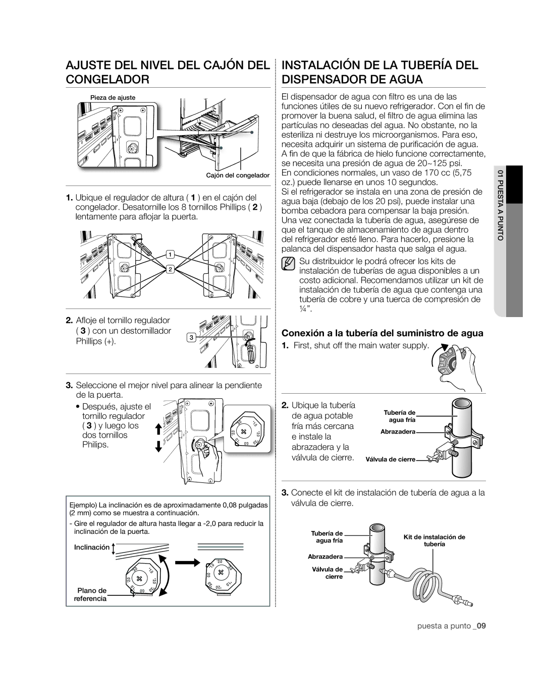 Samsung RFG29PHD, RFG298HD Ajuste DEL Nivel DEL Cajón DEL Congelador, Instalación DE LA Tubería DEL Dispensador DE Agua 