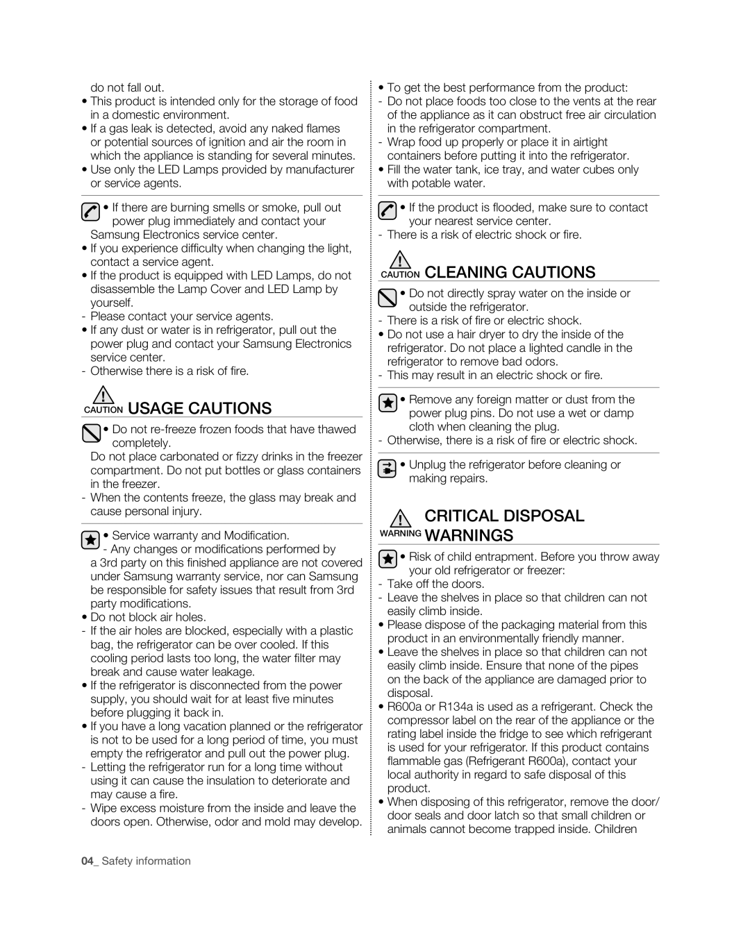 Samsung RFG296HD, RFG29PHD, RFG298HD, RFG29THD, RFG297HD user manual Critical Disposal 