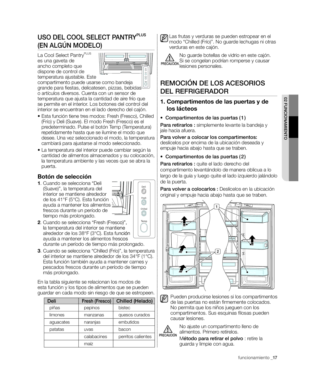 Samsung RFG297HD, RFG29PHD USO DEL Cool Select Pantryplus EN Algún Modelo, Remoción DE LOS Acesorios DEL Refrigerador 