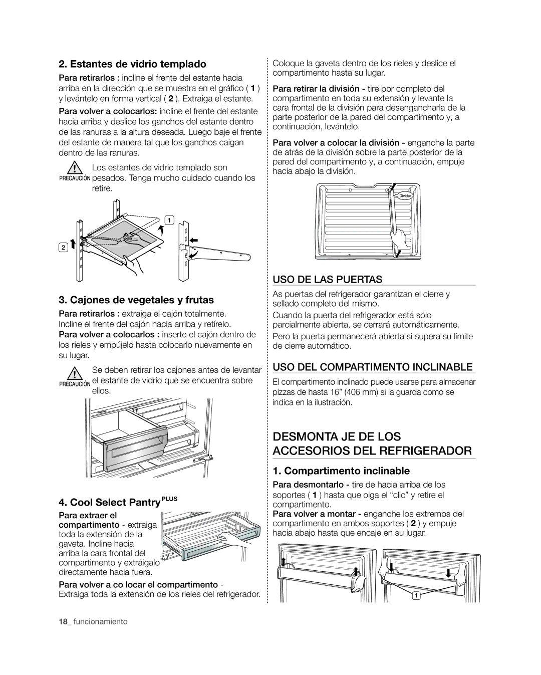 Samsung RFG296HD Desmonta JE DE LOS Accesorios DEL Refrigerador, Estantes de vidrio templado, Compartimento inclinable 