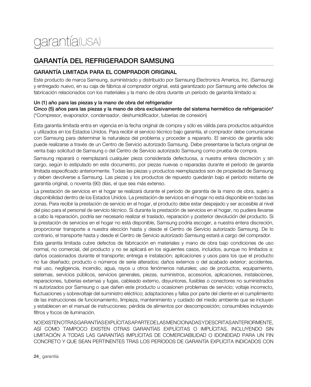 Samsung RFG29PHD, RFG298HD, RFG29THD, RFG297HD, RFG296HD user manual GarantíaUSA, Garantía DEL Refrigerador Samsung 