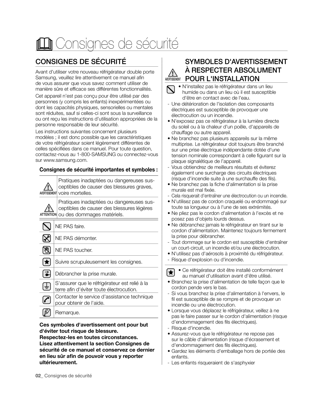 Samsung RFG296HD Consignes de sécurité, Consignes DE Sécurité, Symboles Davertissement, Avertissement voire mortelles 