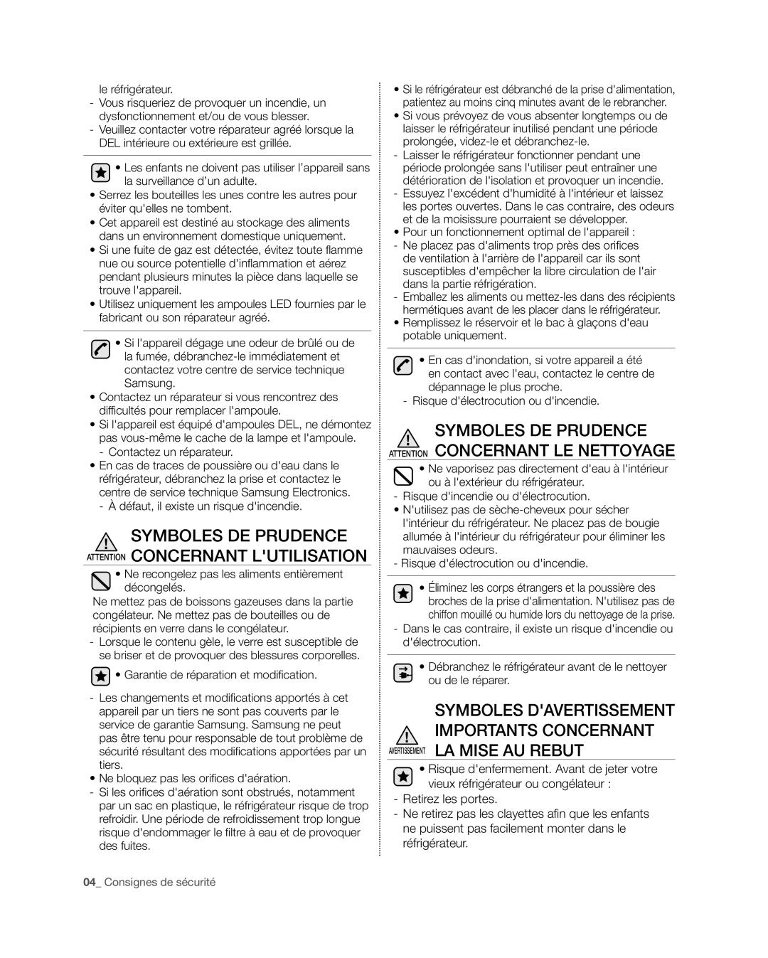 Samsung RFG298HD, RFG29PHD, RFG29THD Symboles DE Prudence Attention Concernant Lutilisation, Avertissement LA Mise AU Rebut 