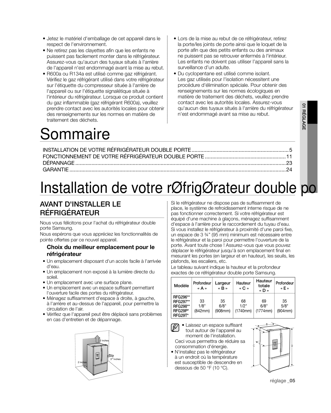 Samsung RFG29THD Sommaire, Avant Dinstaller LE Réfrigérateur, Choix du meilleur emplacement pour le réfrigérateur 