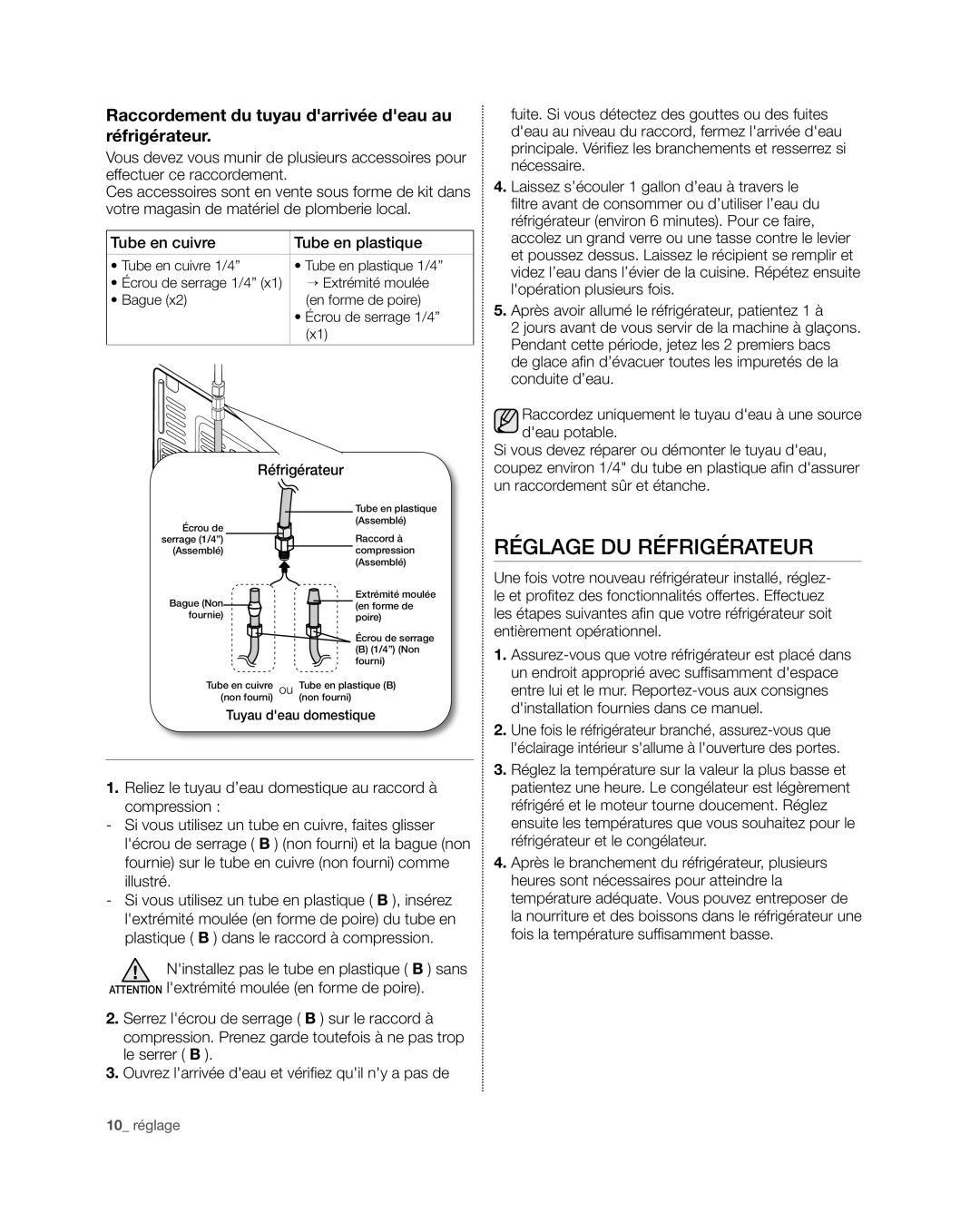 Samsung RFG29THD, RFG29PHD, RFG298HD Réglage DU Réfrigérateur, Raccordement du tuyau darrivée deau au réfrigérateur 