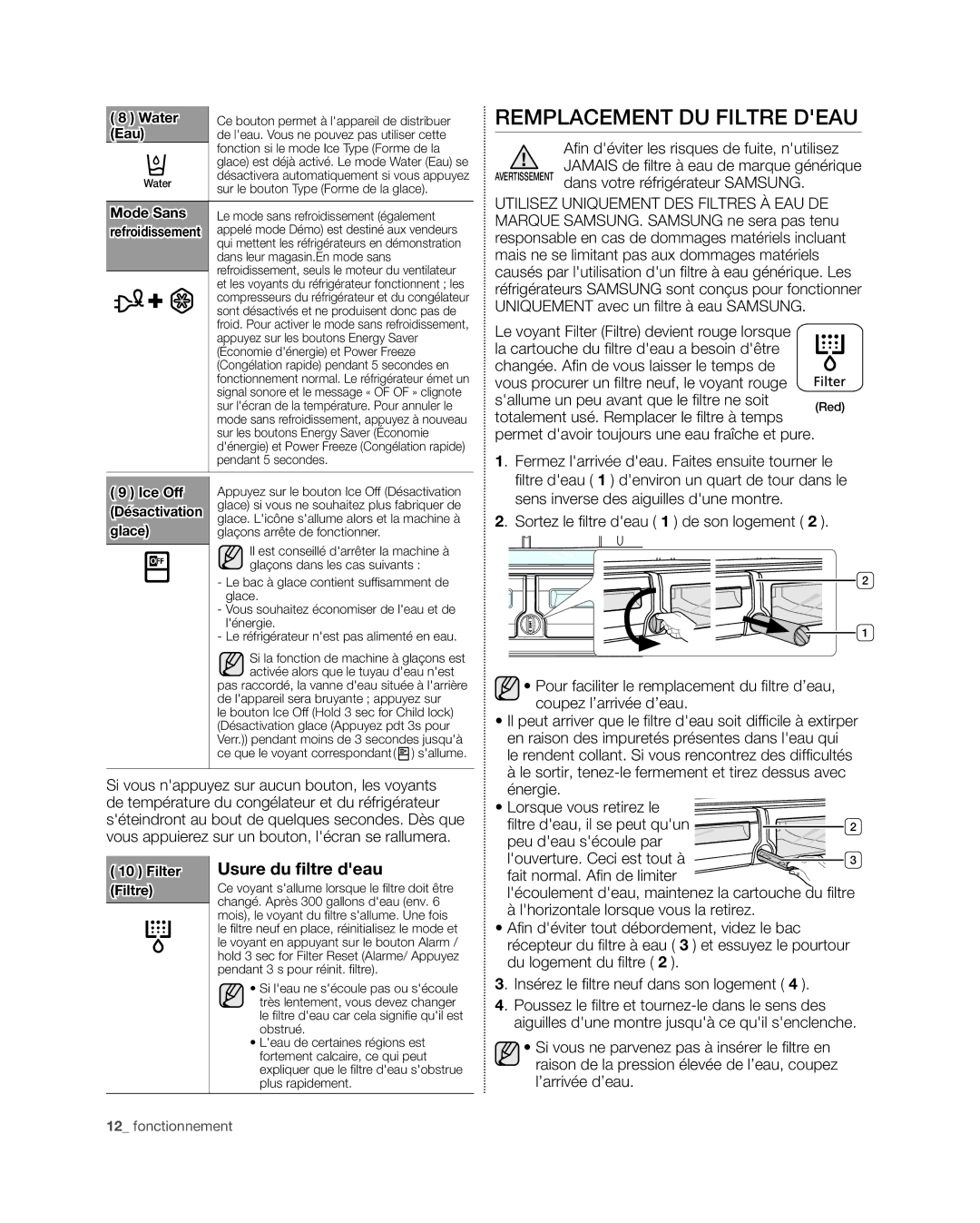 Samsung RFG296HD, RFG29PHD, RFG298HD, RFG29THD, RFG297HD user manual Remplacement DU Filtre Deau, Filter Usure du ﬁltre deau 