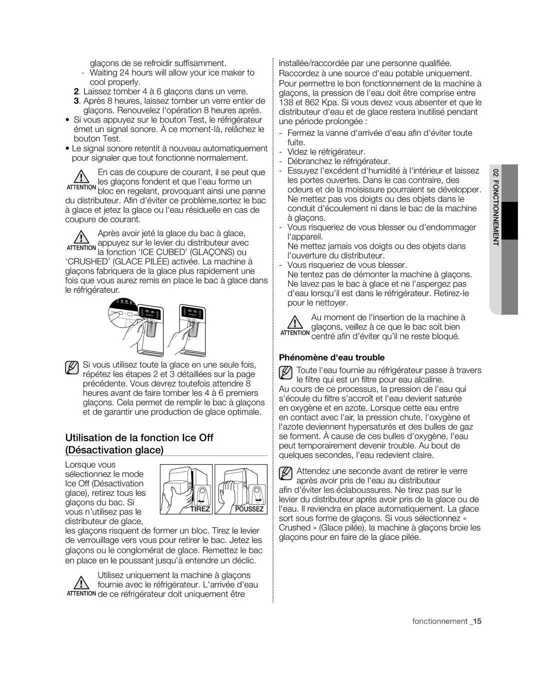 Samsung RFG29THD Utilisation de la fonction Ice Off Désactivation glace, En cas de coupure de courant, il se peut que 