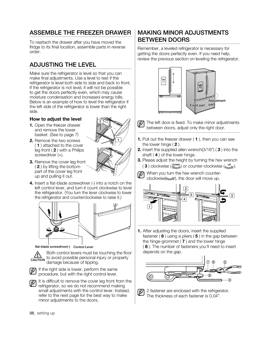 Samsung RFG297HD, RFG29PHD Assemble the Freezer Drawer, Adjusting the Level, Making Minor Adjustments Between Doors 