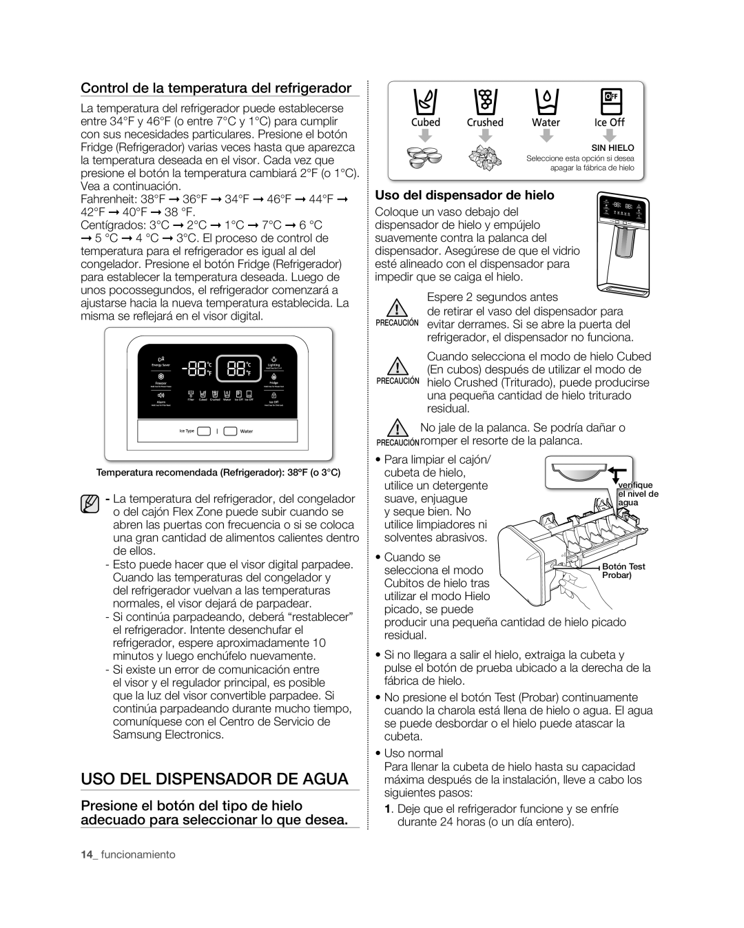 Samsung RFG29PHD Uso Del Dispensador De Agua, Control de la temperatura del refrigerador, Uso del dispensador de hielo 