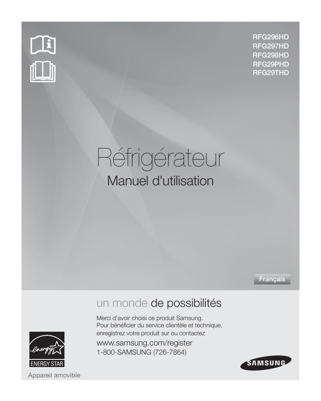 Samsung RFG297HD Réfrigérateur, Manuel dutilisation, un monde de possibilités, Français, Appareil amovible, Samsung 