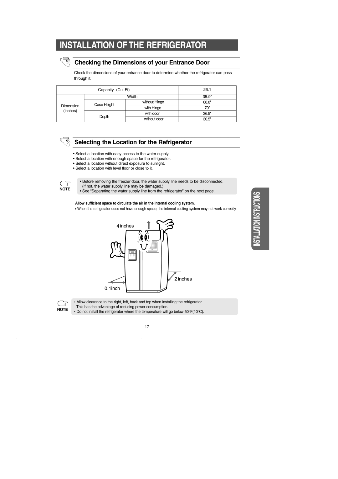 Samsung RH269LBSH owner manual Installation of the Refrigerator, Checking the Dimensions of your Entrance Door 