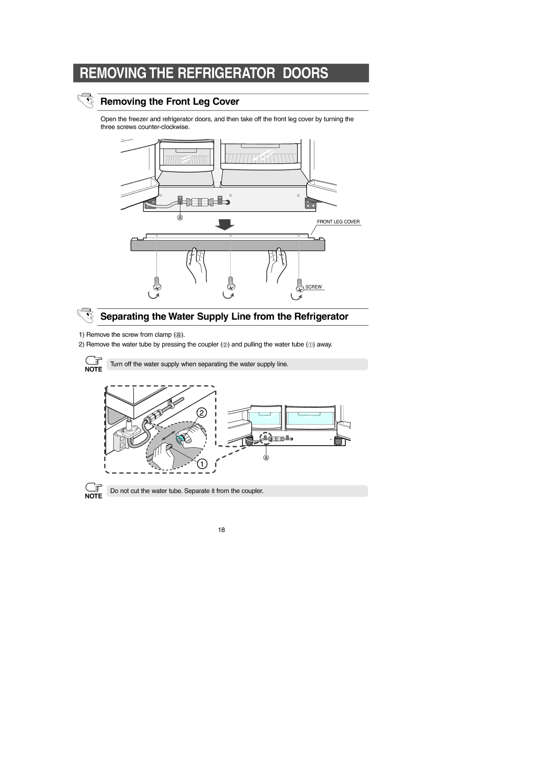 Samsung RH269LBSH owner manual Removing the Refrigerator Doors, Removing the Front Leg Cover 