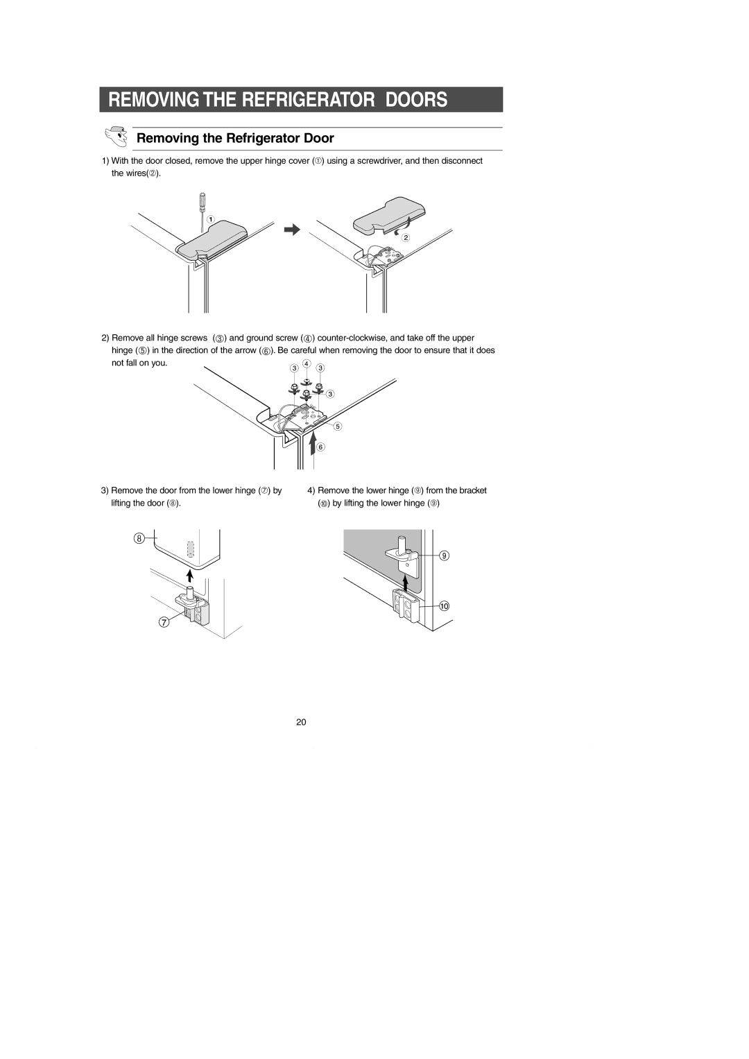 Samsung RH269LBSH owner manual Removing the Refrigerator Door 