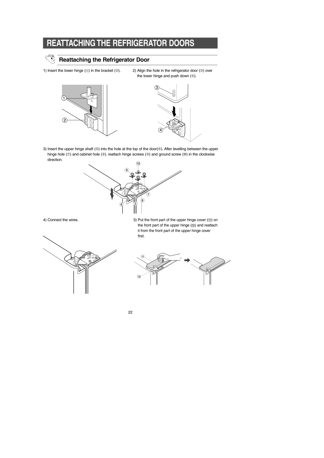 Samsung RH269LBSH owner manual Reattaching the Refrigerator Doors, It from the front part of the upper hinge cover, First 