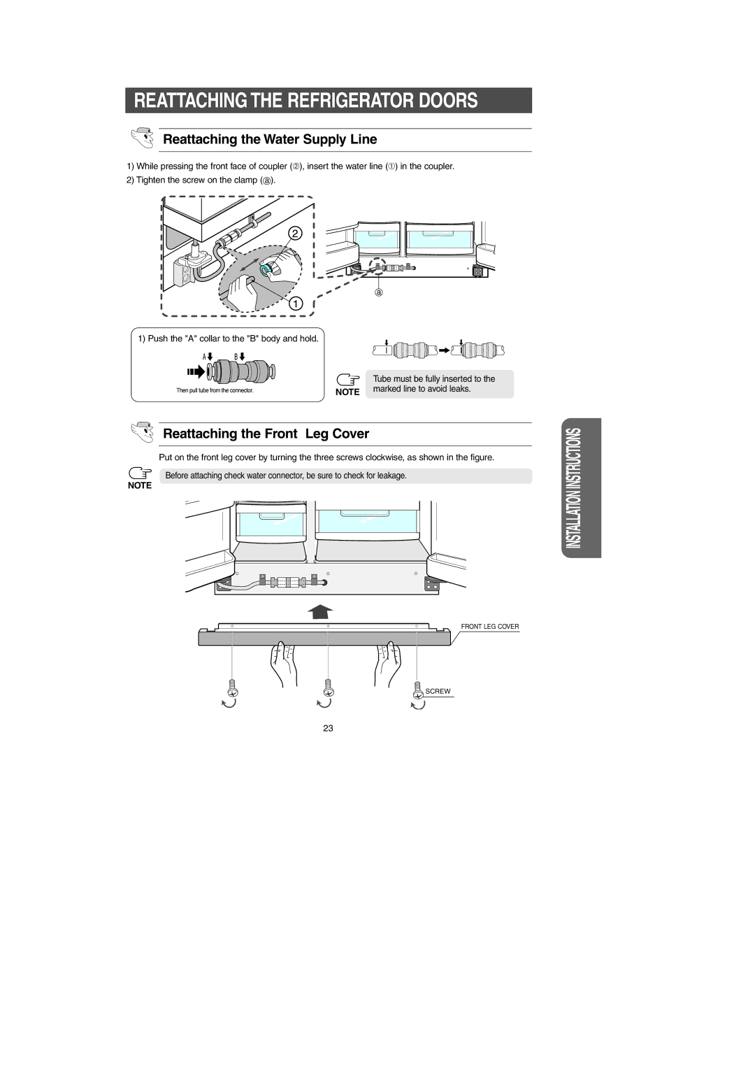 Samsung RH269LBSH Reattaching the Water Supply Line, Reattaching the Front Leg Cover, Marked line to avoid leaks 