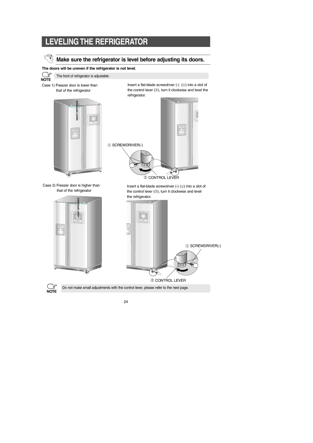 Samsung RH269LBSH owner manual Leveling the Refrigerator, Doors will be uneven if the refrigerator is not level 