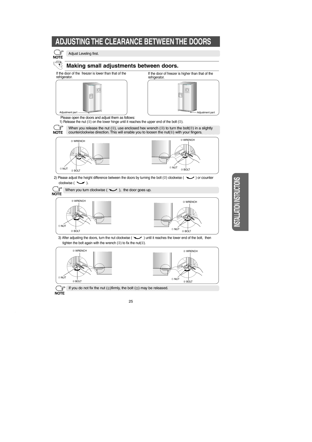 Samsung RH269LBSH owner manual Making small adjustments between doors, Adjust Leveling first, Refrigerator 