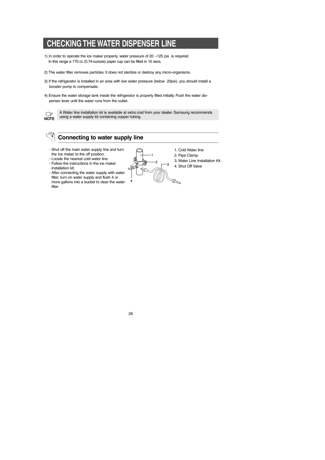 Samsung RH269LBSH owner manual Checking the Water Dispenser Line, Connecting to water supply line 