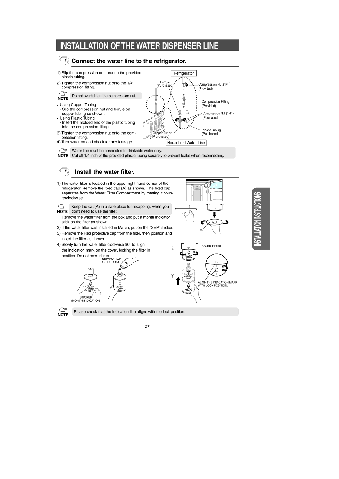 Samsung RH269LBSH owner manual Connect the water line to the refrigerator, Install the water filter 