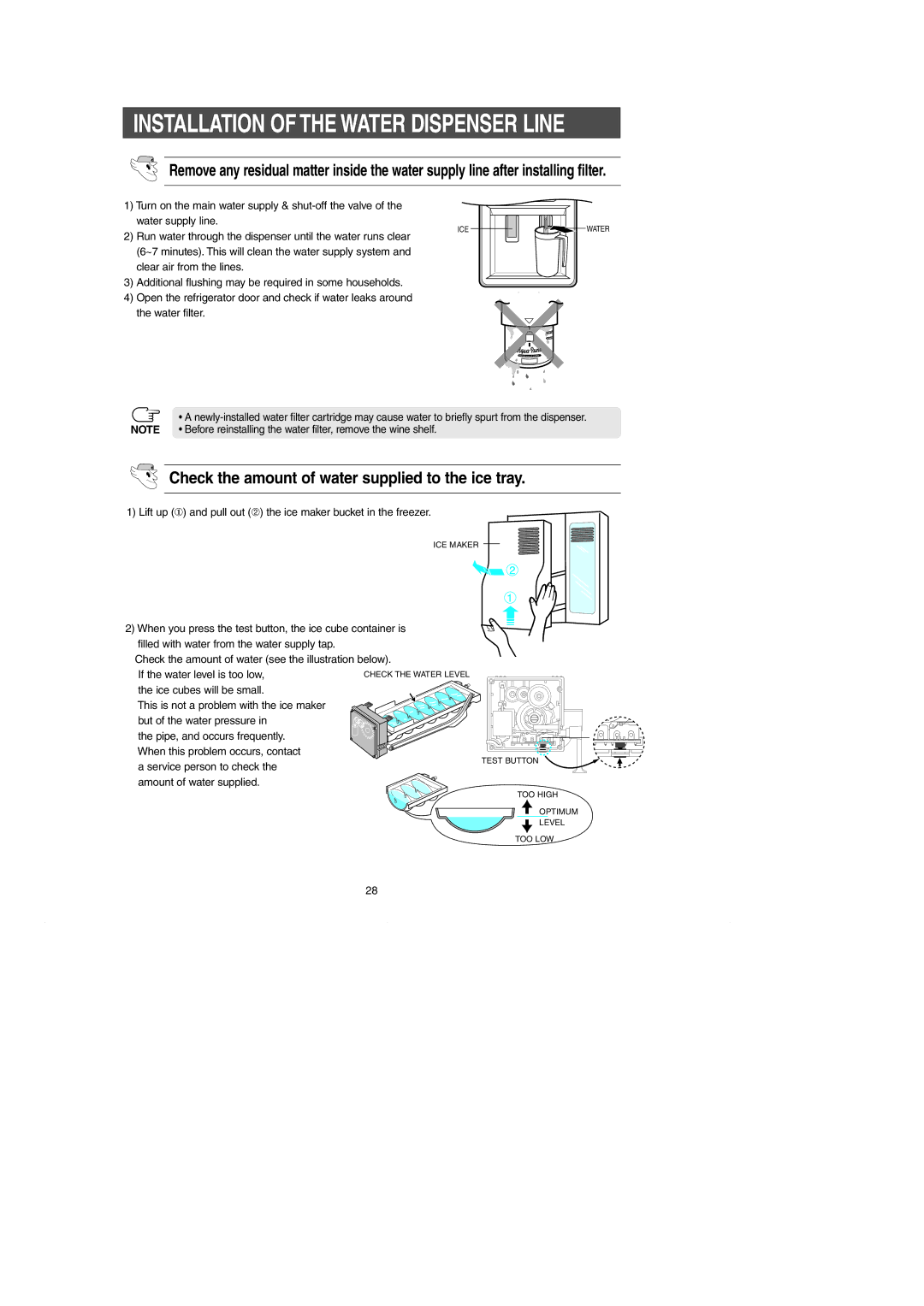 Samsung RH269LBSH owner manual Installation of the Water Dispenser Line, Check the amount of water supplied to the ice tray 